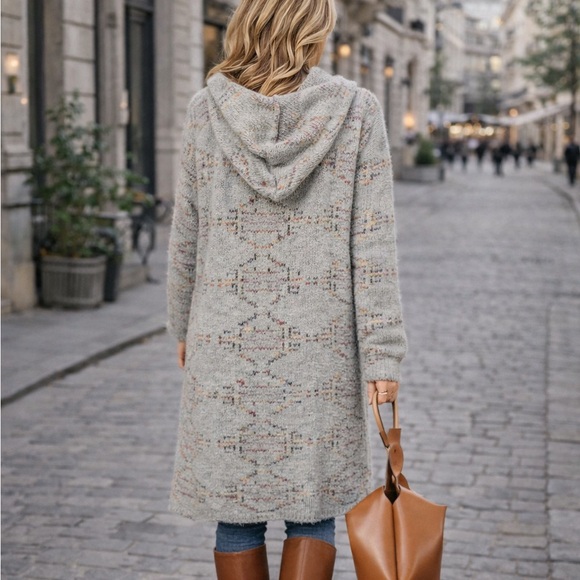 74. Multicolor Aztec grey gray Cozy duster fuzzy hood cardigan Sweater - Picture 2 of 3